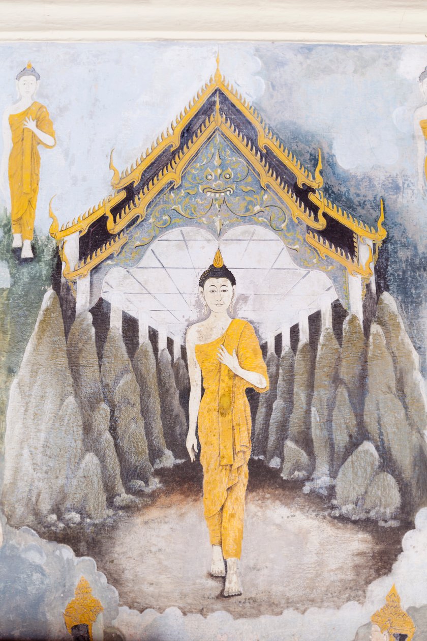 Fresko, joka kuvaa kohtausta Buddhan elämästä, Wat Phra That Doi Suthep -temppeli (fresko). tekijältä School Thai