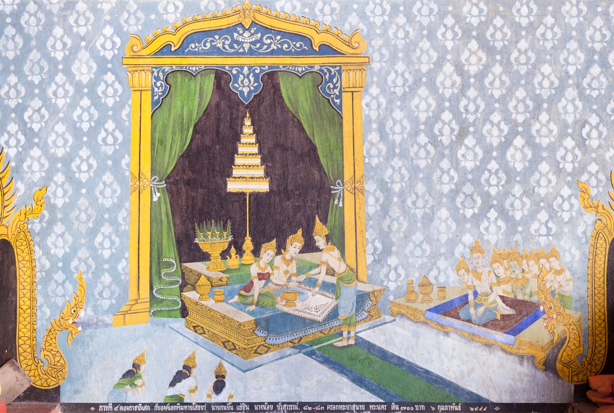 Fresko, joka kuvaa kohtausta Buddhan elämästä, Wat Phra That Doi Suthep -temppeli. tekijältä School Thai