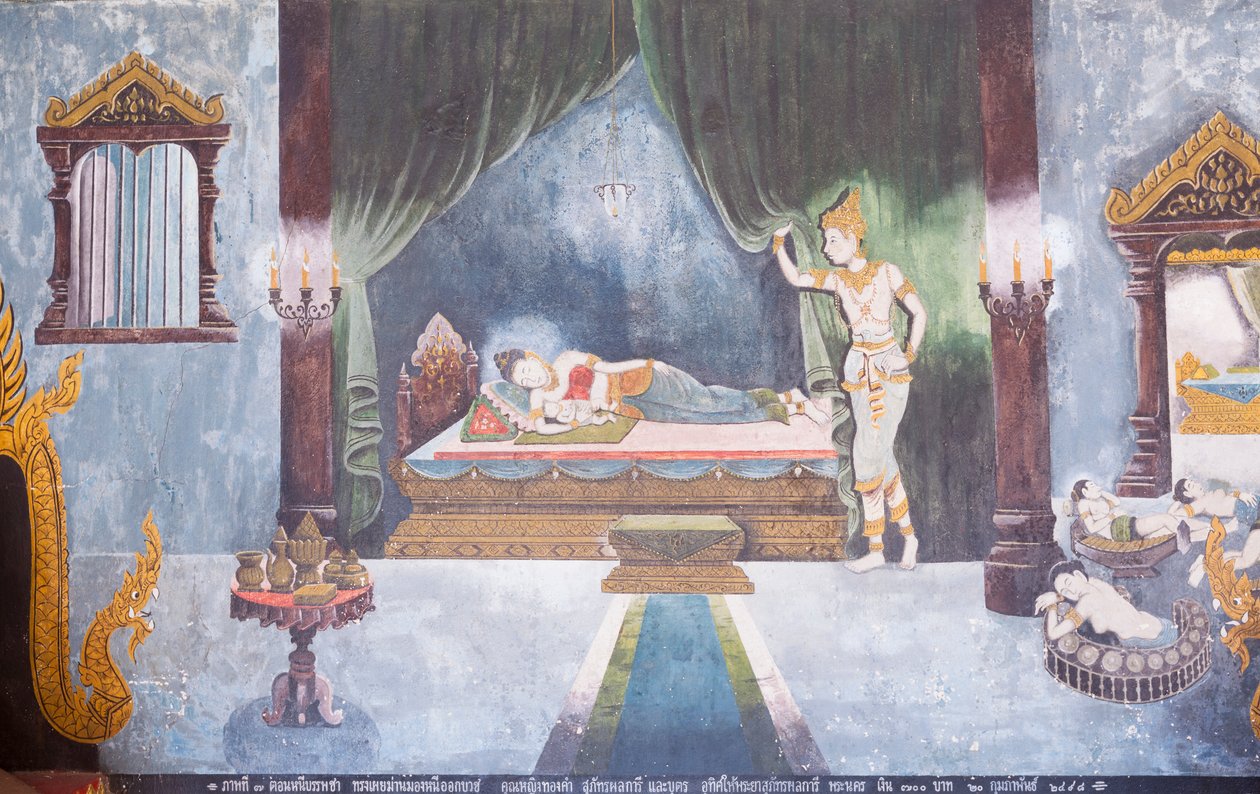 Fresko, joka kuvaa kohtausta Buddhan elämästä, Wat Phra That Doi Suthep -temppeli. tekijältä School Thai