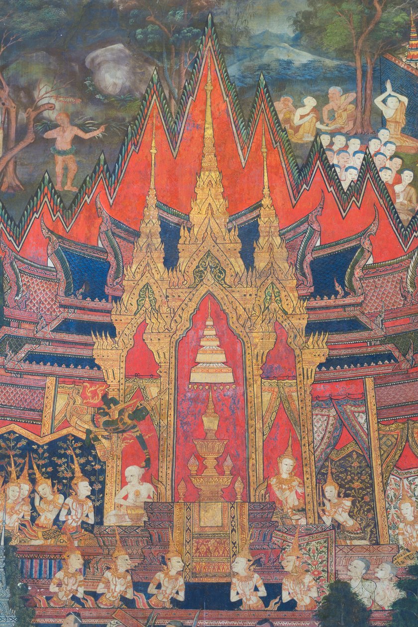 Buddhaisawan-kappelin seinämaalaukset, joissa Indra laskeutuu taivaasta pian Buddhan polttohautauksen jälkeen ja sieppaa arvokkaimman jäännöksen, brahminin hiuspehkoon kätketyn hampaan. tekijältä School Thai