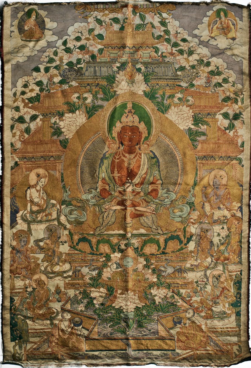 Amitabha (puhtaan maan buddha) - Tiibetin maalaus, pigmentit ja kulta kankaalla, 1800-luvun loppu, 74x51 cm - (Amitayus Buddha Thangka, Tiibetin kulttuuri, Pigmenttejä ja kultaa tekstiileissä, 1800-luvun loppu) - Yksityiskokoelma tekijältä School Tibetan