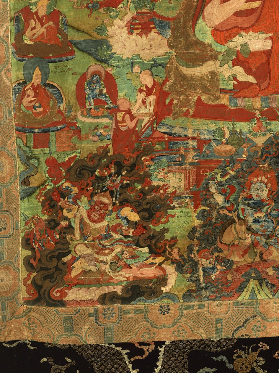 Yksityiskohta kolmannesta panchen-lamasta Losan Penden Yeshe (guassi kankaalla) tekijältä School Tibetan