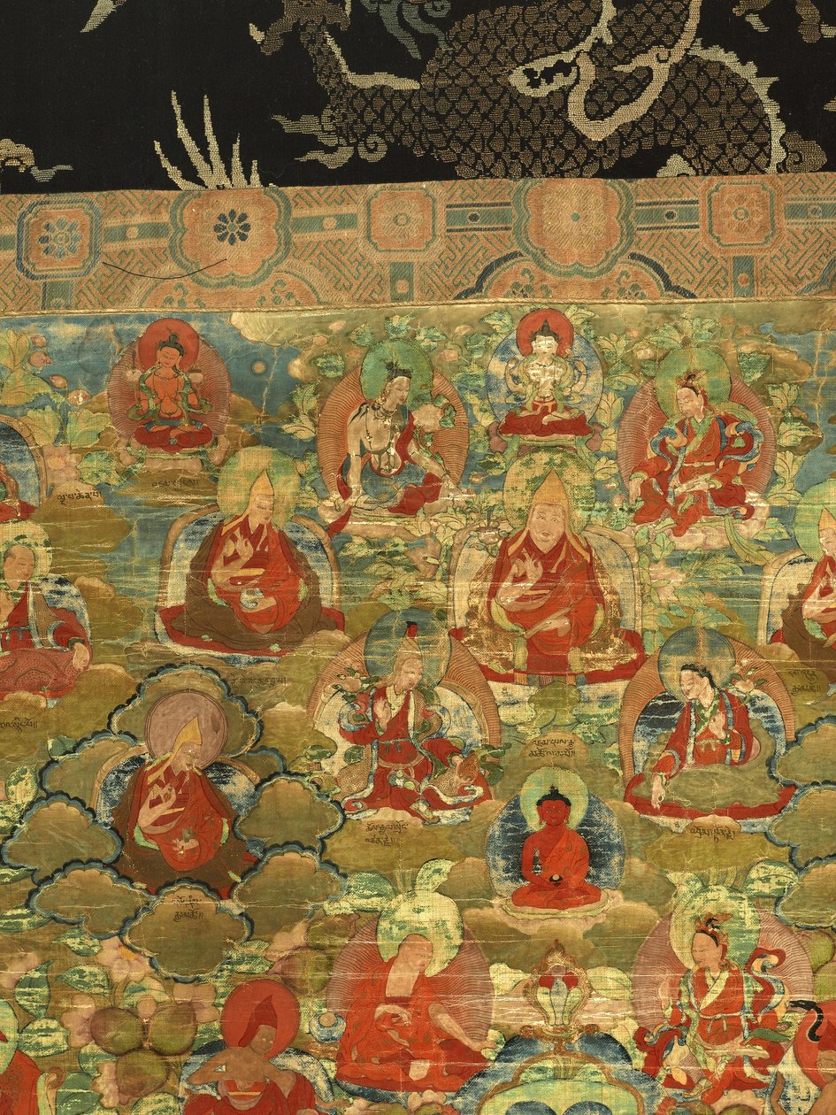 Yksityiskohta kolmannesta panchen-lamasta Losan Penden Yeshe (guassi kankaalla) tekijältä School Tibetan