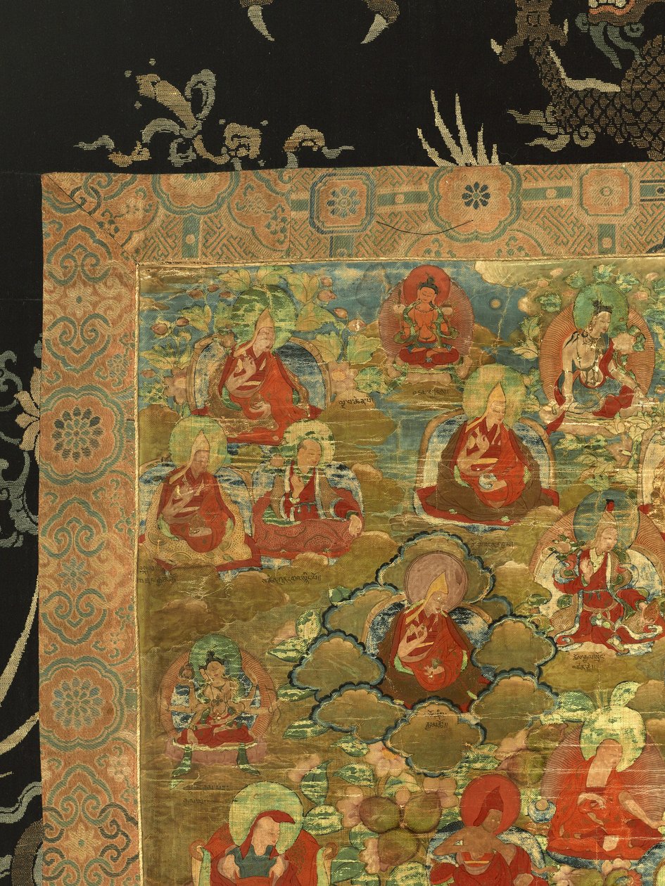 Yksityiskohta kolmannesta panchen-lamasta Losan Penden Yeshe (guassi kankaalla) tekijältä School Tibetan