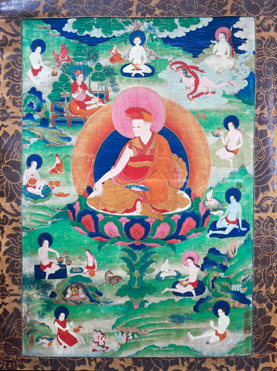 Lama Rje-grags Rtod Iha-pa-pa-dang Graps halolla ja lukuisten mahasiddhan (joogien) ympäröimänä, asui Intiassa ja Tiibetissä (7.-11. vuosisata), guassi kankaalla tekijältä School Tibetan