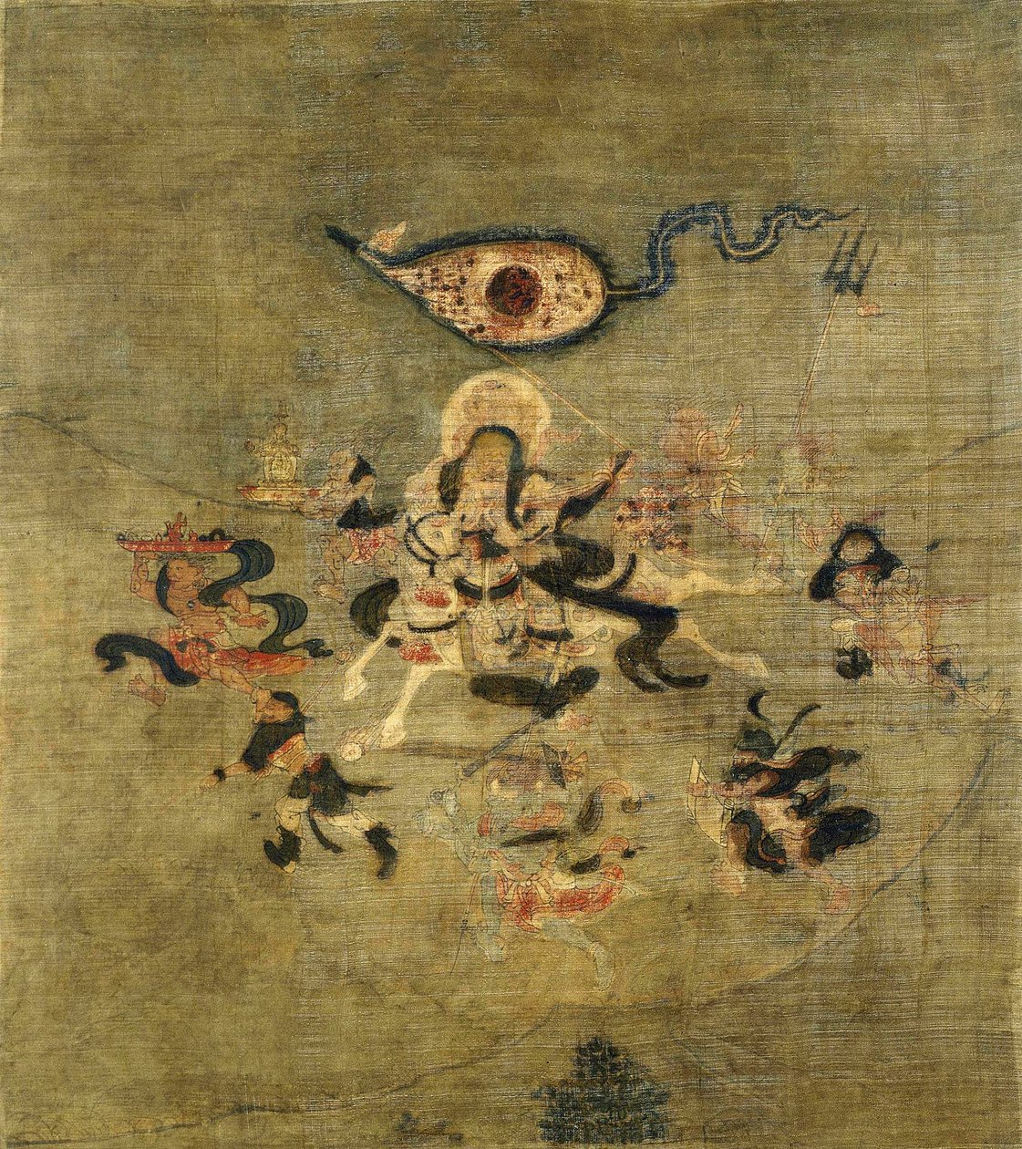 Tiibetin kulttuuri: Vaisravana Bishamonten, pohjoisen vartija. Tempera silkillä, koko: 61,5x55 tekijältä School Tibetan