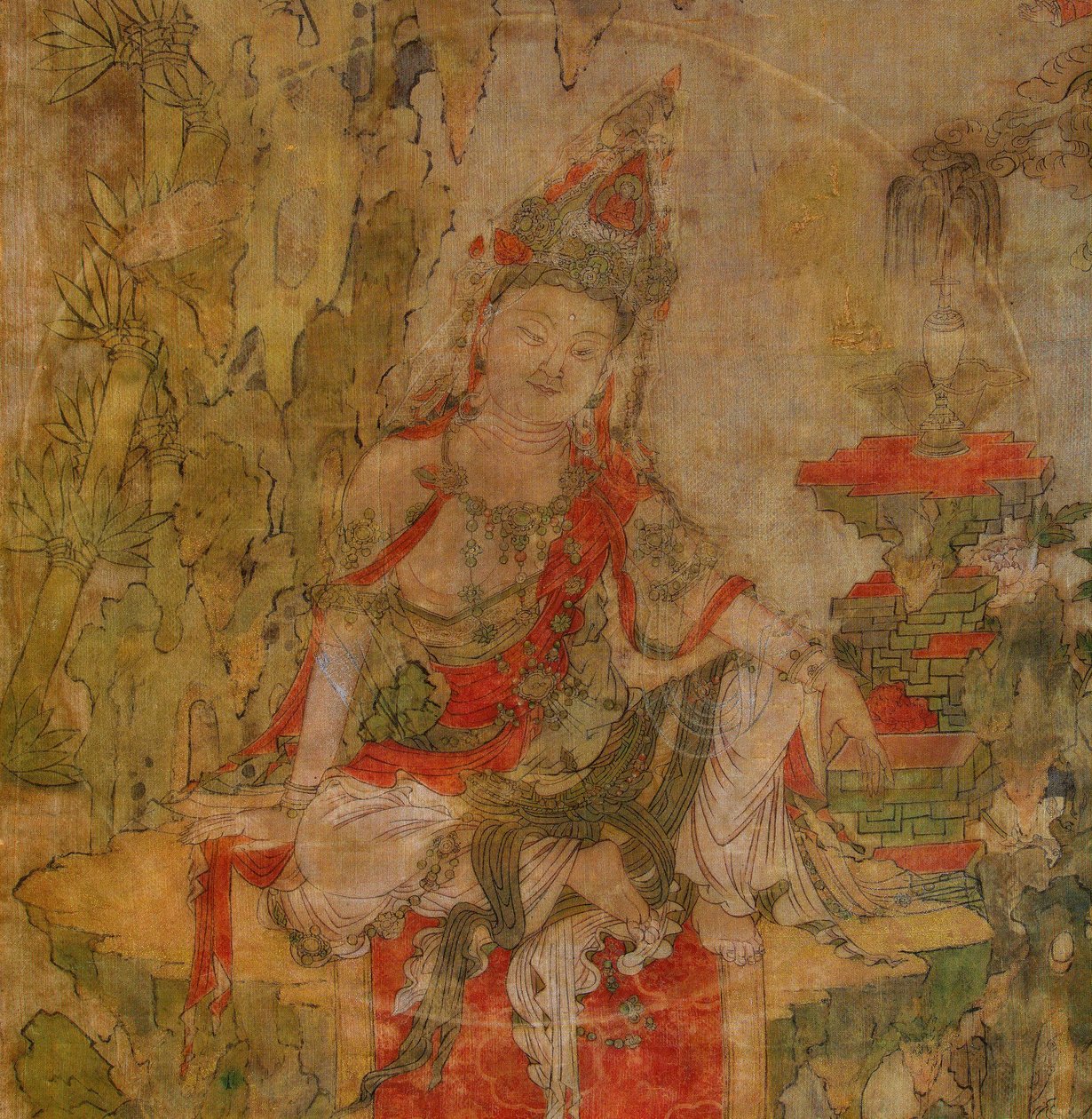 Tiibetin kulttuuri: Vesi ja kuu Kuan-Yin (Guanyin). Tempera silkillä, koko: 101,5x59,5, 1100-luvun alku, Valtion Eremitaaši, Pietari tekijältä School Tibetan