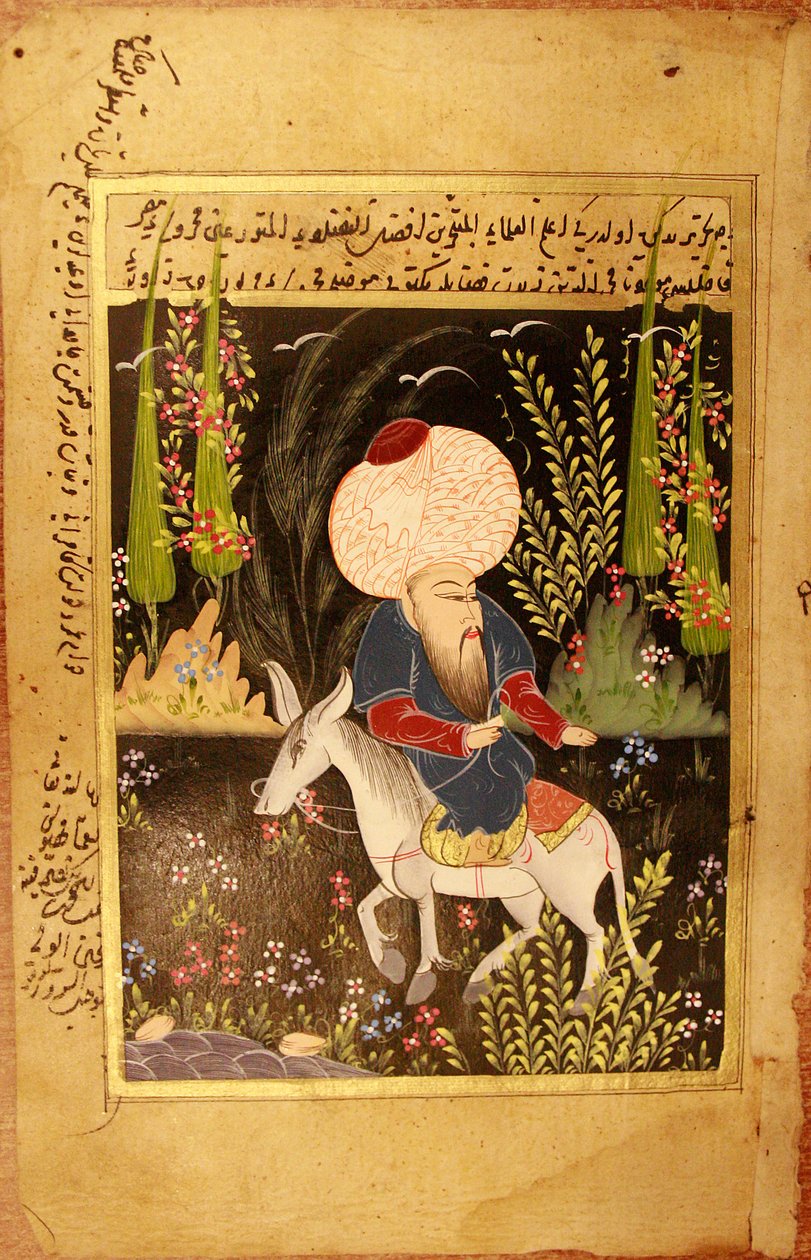Nasr Eddin Hodja. (Nasreddin Hodja). Muslimikirjallisuuden hahmo, Turkin myyttinen ulema, 1200- ja 1400-luvuilla elänyt häntä kuvataan perinteen mukaisesti, istuen aasillaan ylösalaisin. Anonyymi miniatyyri, guassi pergamentille, san tekijältä School Turkish