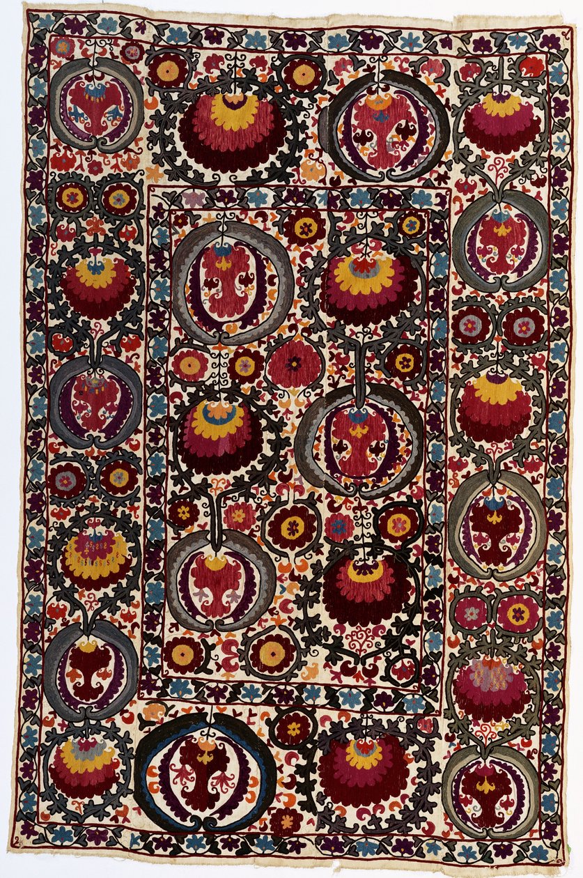 Susani, valkoista pellavaa silkeillä kirkkaissa sävyissä, n. 1900 (silkki ja pellava) tekijältä School Uzbek