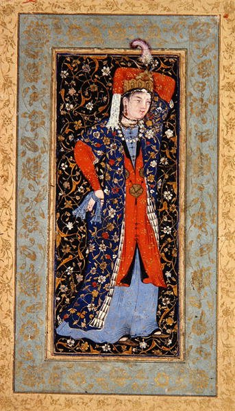 Nainen tanssija nenäliinat molemmissa käsissä, n. 1560 (guassi musteella ja kullalla paperilla) tekijältä School Uzbek