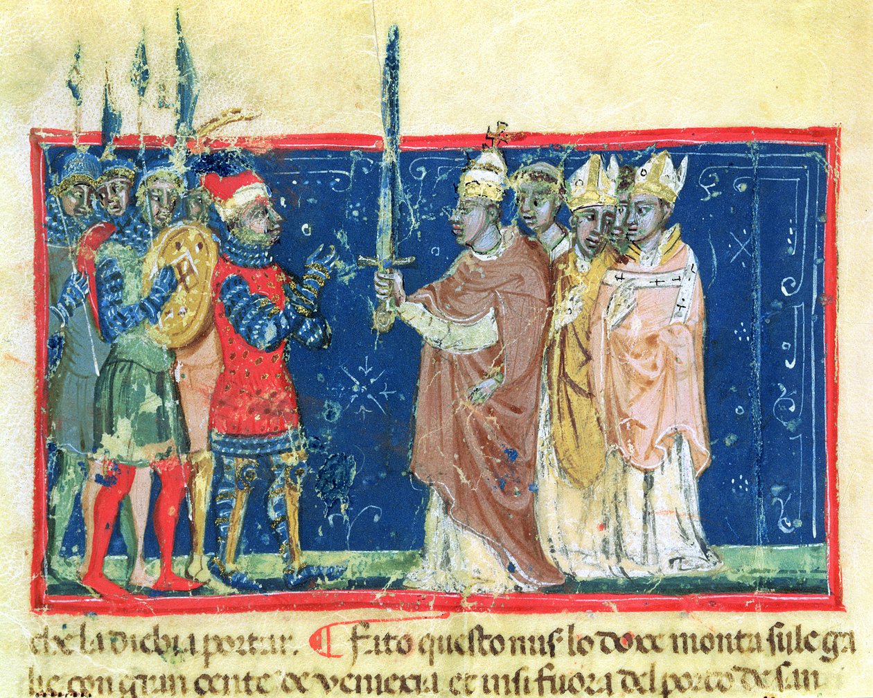 Codex Correr I 383 Paavi Aleksanteri III (1105-81) lahjoittaa miekan dogen Sebastiano Zianille (pergamentti). tekijältä School Venetian