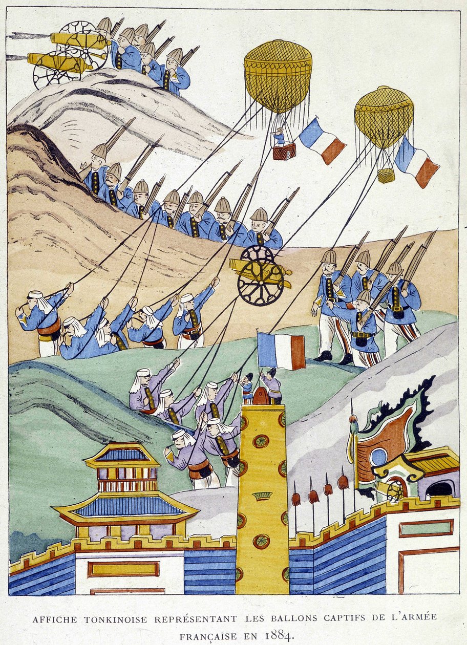 Tonkinese-juliste, joka kuvaa Ranskan armeijan vangittuja ilmapalloja vuonna 1884. tekijältä School Vietnamese