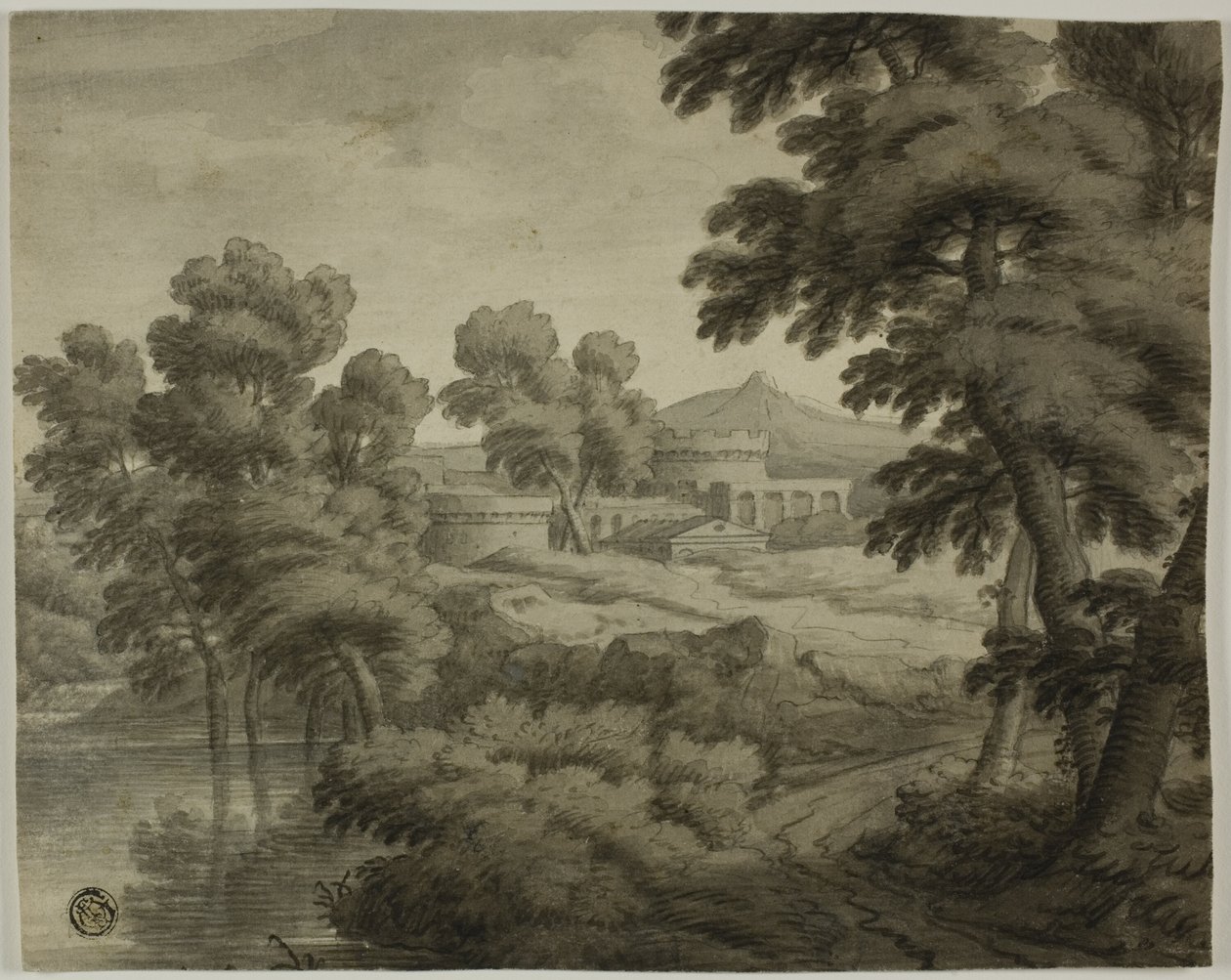 Italianate maisema, jossa on linna, puut ja vesi etualalla tekijältä School of Nicolas Poussin