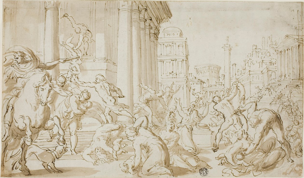 Viattomien verilöyly (etusivu); hahmoluonnoksia (kääntöpuoli). tekijältä School of Nicolas Poussin