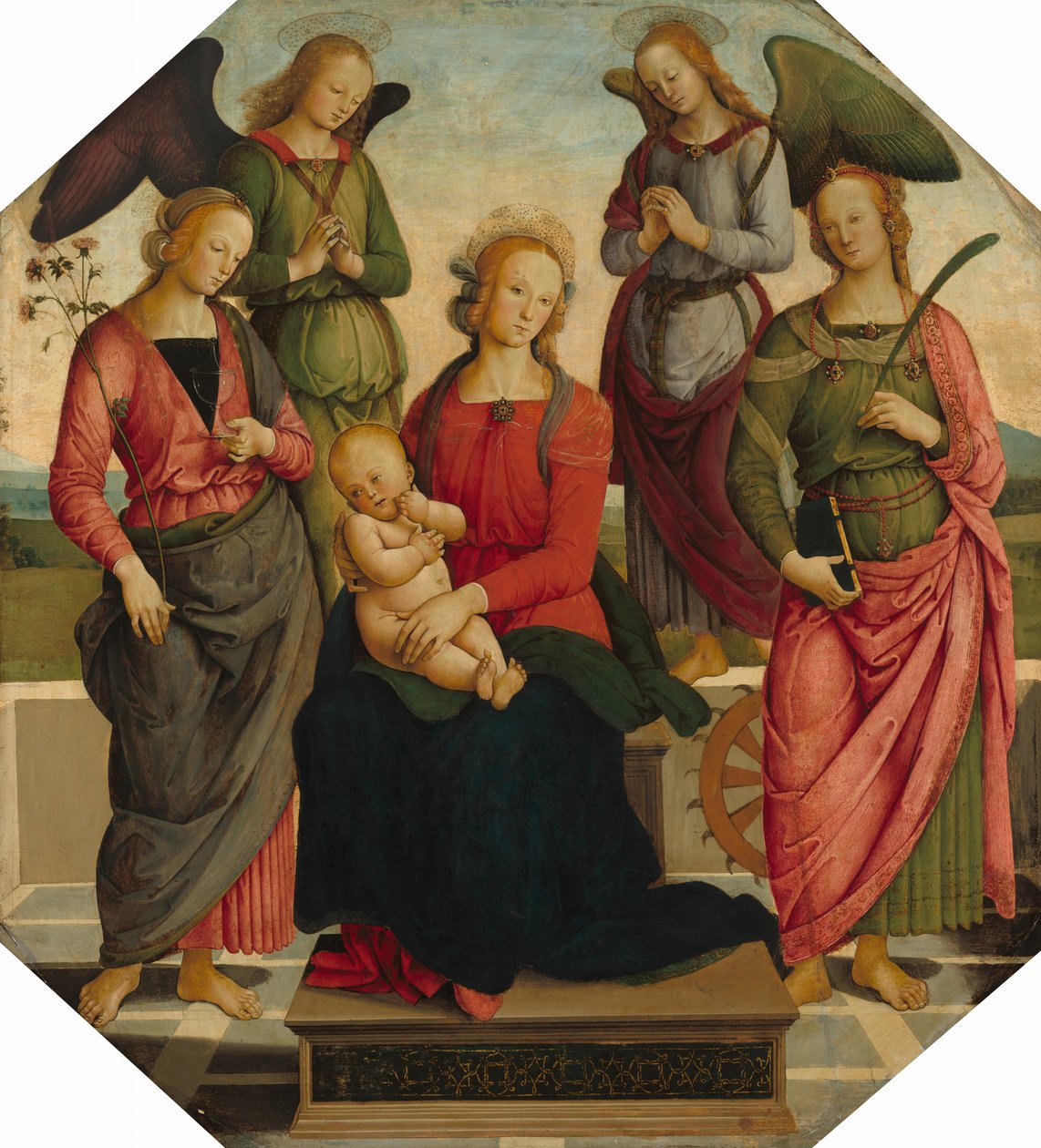 Madonna ja lapsi kahden enkelin kanssa, Saint Rose ja Pyhä Katariina Aleksandrialainen, 1500-luvun alku tekijältä School of Perugino