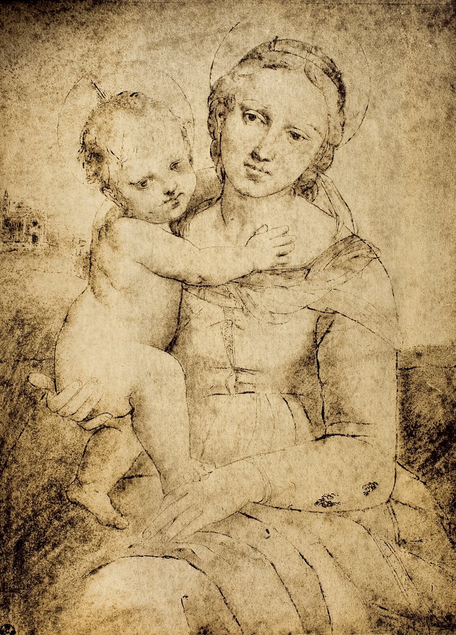 Madonna ja lapsi, piirustus Rafaelin koulusta, Piirustus- ja grafiikkakaappi, Uffizi-galleria, Firenze tekijältä School of Raphael