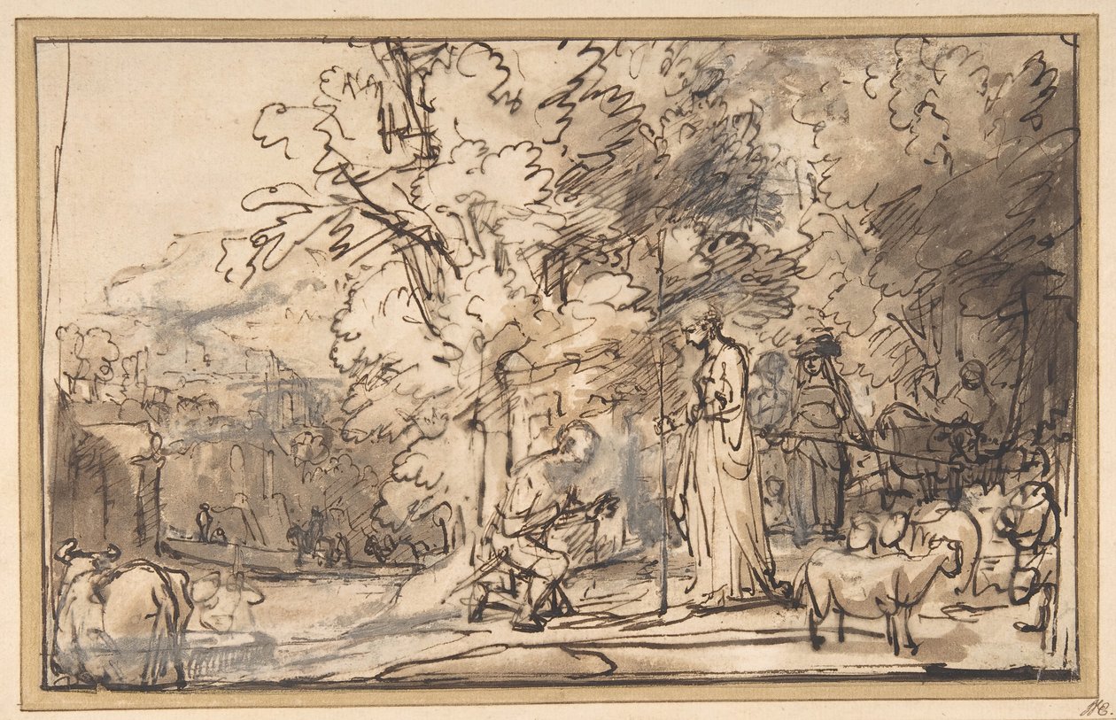 Jaakobin ja Raakelin tapaaminen kaivolla, 1640-49. tekijältä School of Rembrandt van Rijn