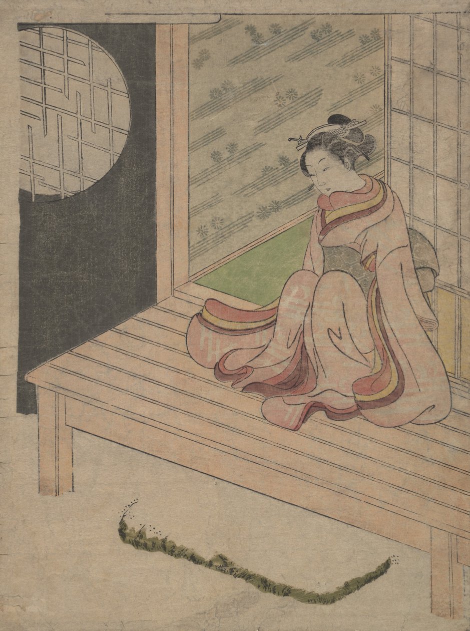 Nuori nainen istuu talon Engawassa, n. 1765, n. 1765. tekijältä School of Suzuki Harunobu