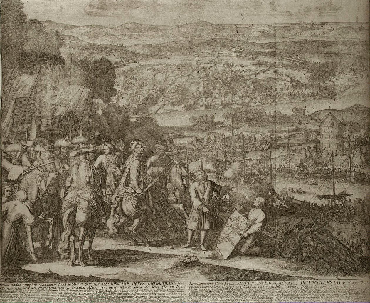 Venäjän joukot piirittivät turkkilaisen Azovin linnoituksen vuonna 1696, um 1700 tekijältä Schoonebeek