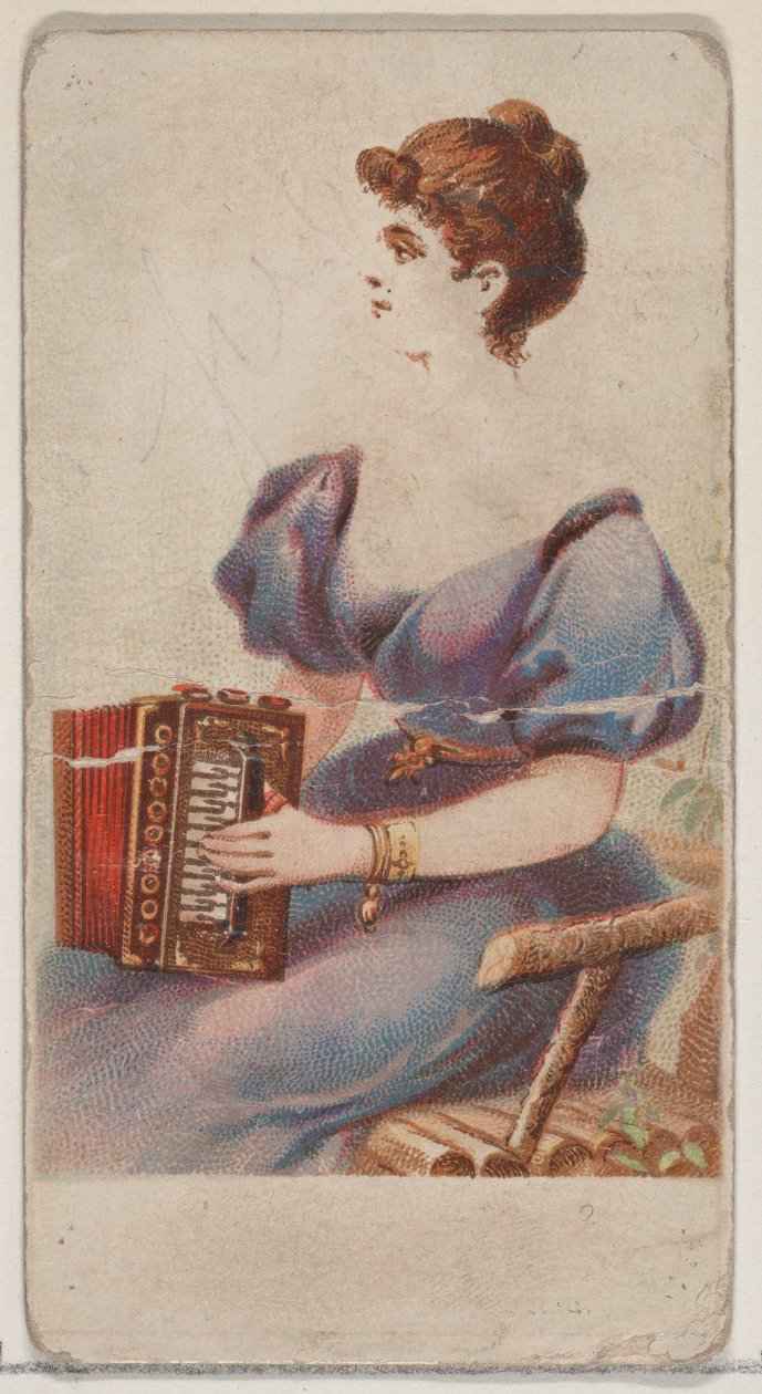 Harmonikka, Musical Instruments -sarjasta N82 Duke-tuotemerkin savukkeille, 1888, 1888. tekijältä Schumacher and Ettlinger