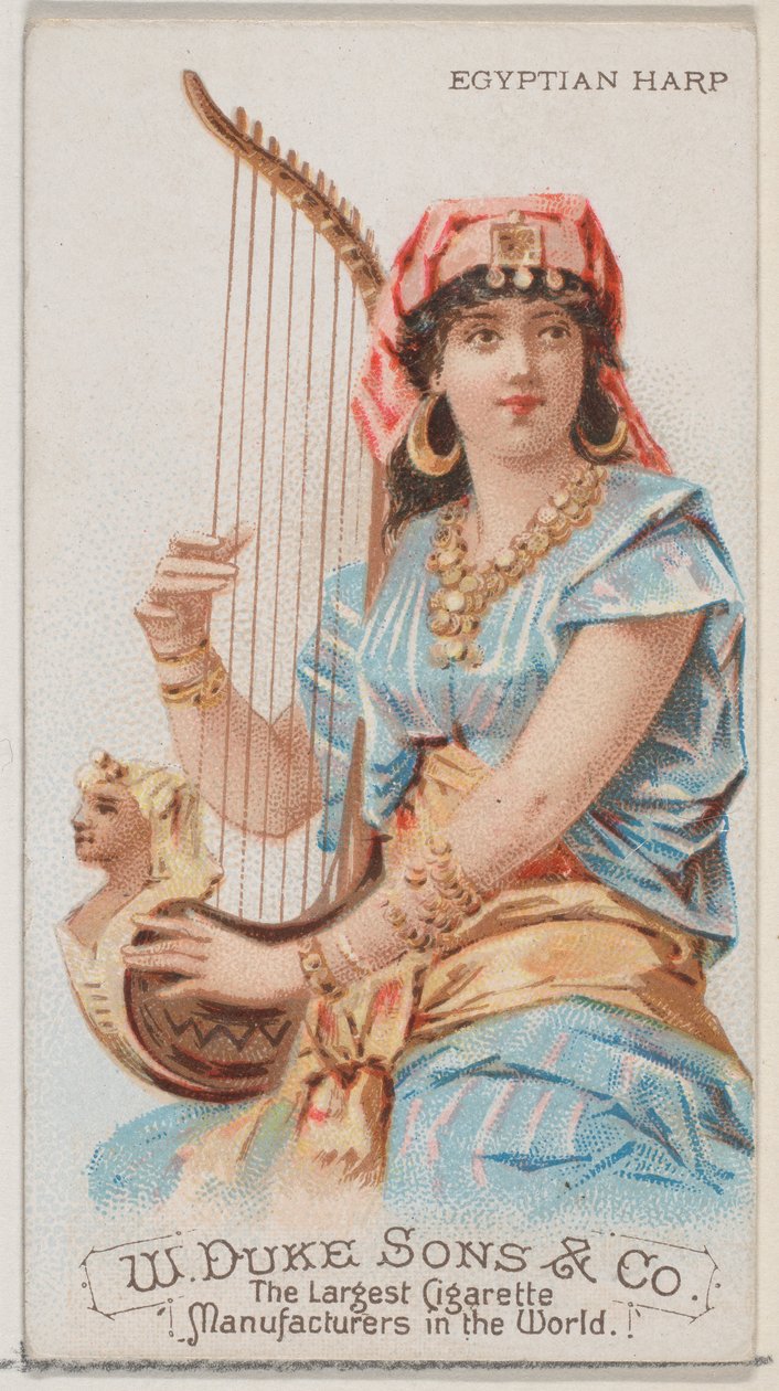 Egyptiläinen harppu, Musical Instruments -sarjasta N82 Duke-tuotemerkin savukkeille, 1888, 1888. tekijältä Schumacher and Ettlinger