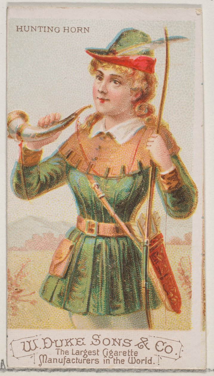 Metsästystorvi, Musical Instruments -sarjan N82 Duke-tupakeille, 1888, 1888. tekijältä Schumacher and Ettlinger