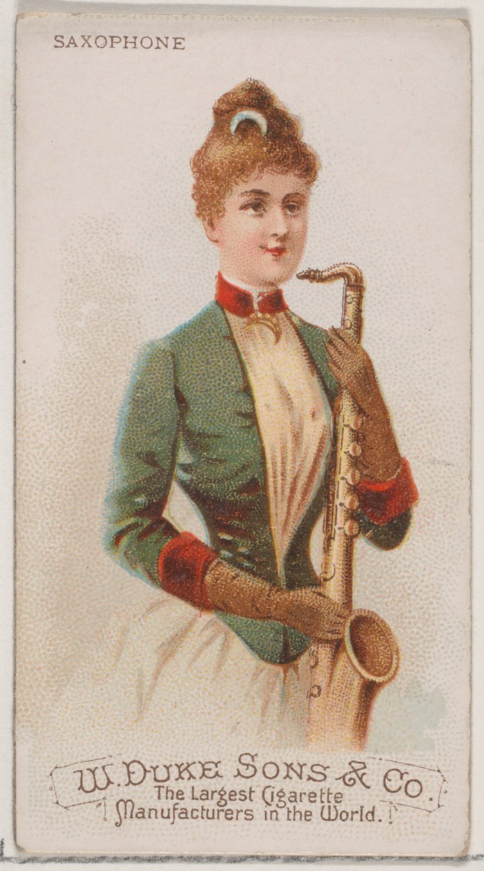 Saksofoni, Musical Instruments -sarjasta N82 Duke-tuotemerkin savukkeille, 1888, 1888. tekijältä Schumacher and Ettlinger