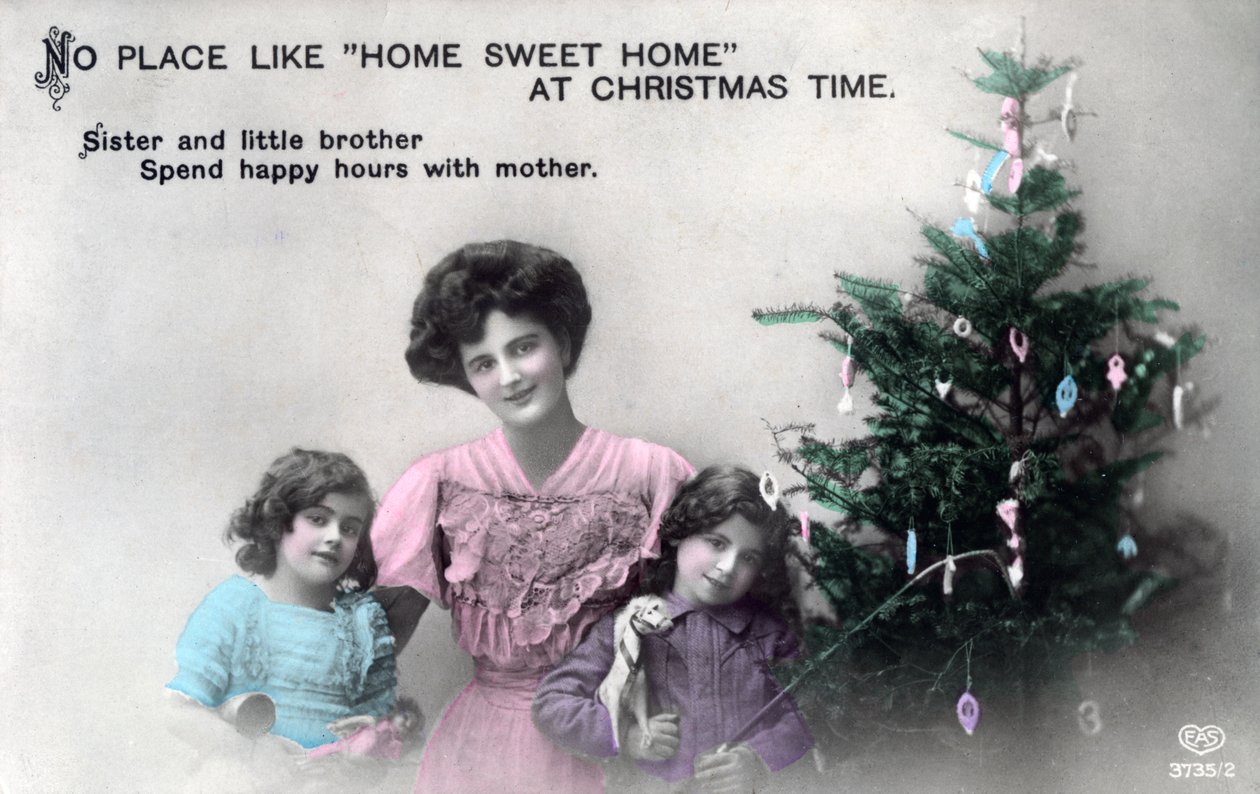 "No Place like Home Sweet Home at Christmas Time", onnittelukortti, c1900-1919. tekijältä Schwerdffeger and Co