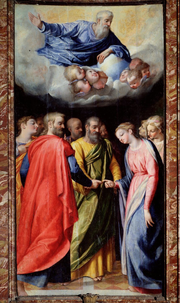 Scipione Pulzone il Gaetanon (1550-1598) ja Giuseppe Valerianon (1542-1606) Neitsyt häät 1584-1588 Rooma, Gesun kirkko, Madonna della Stradan kappeli tekijältä Scipione Pulzone