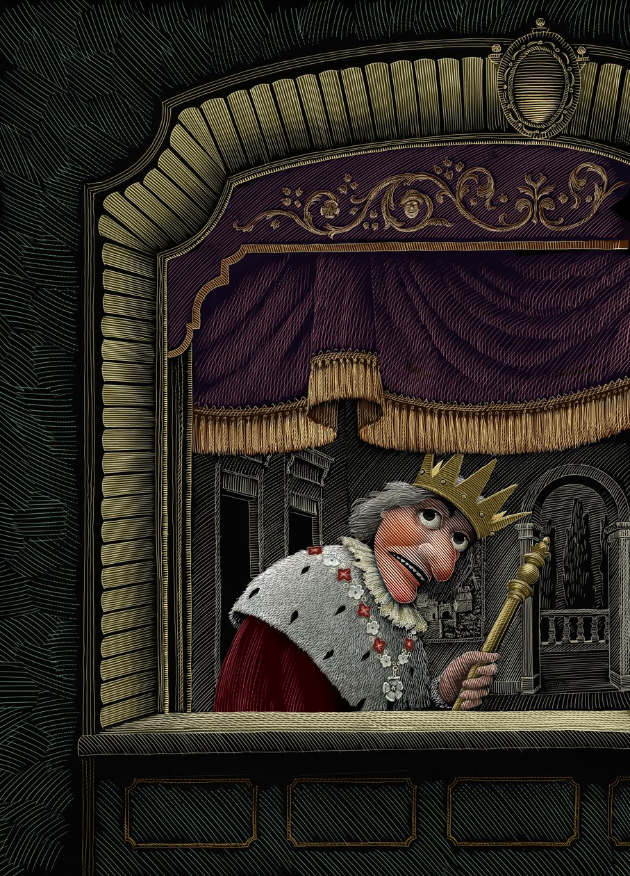 Exit the King, 2016 (raaputusalusta, väritetty digitaalisesti) tekijältä Scott McKowen