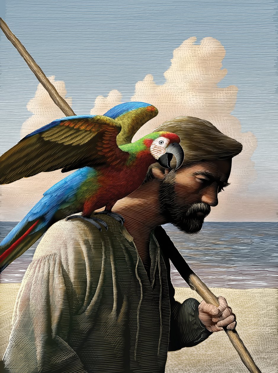 Robinson Crusoe, 2011 (raapalevy, väritetty digitaalisesti) tekijältä Scott McKowen