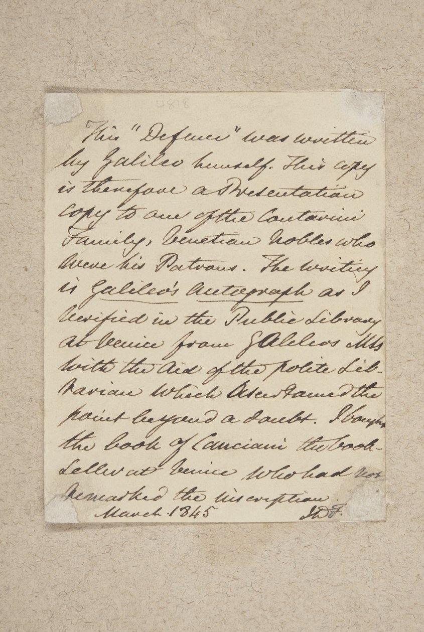 Galileon Difesan etulevyyn liimattu muistiinpano, 1845 (kynä ja muste paperille) tekijältä Scottish School