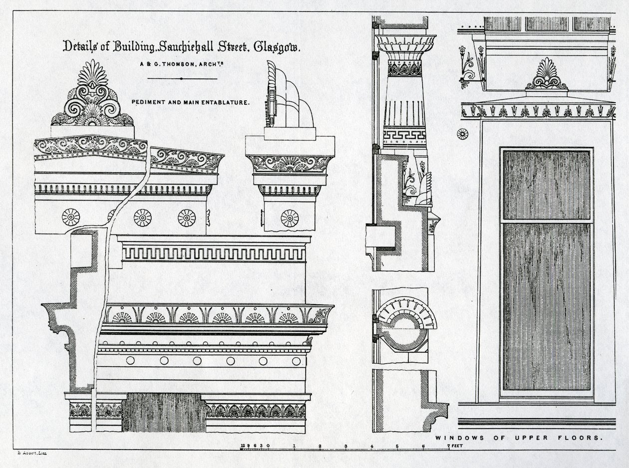 Grecian Chambersin arkkitehtoniset yksityiskohdat, 336-356 Sauchiehall Street, Glasgow, suunnittelija Alexander Greek Thomson, 1869 tekijältä Scottish School