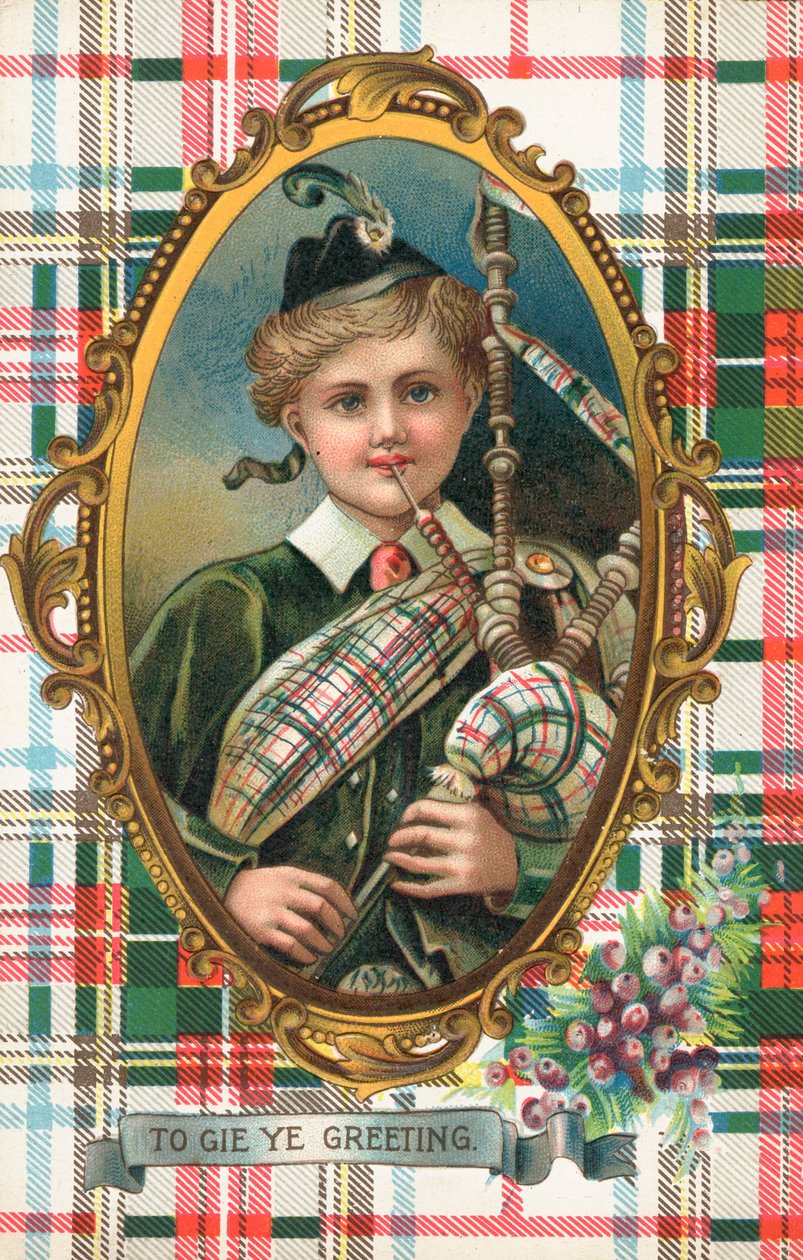 Brittiläinen uudenvuodenkortti (värilitografia) tekijältä Scottish School