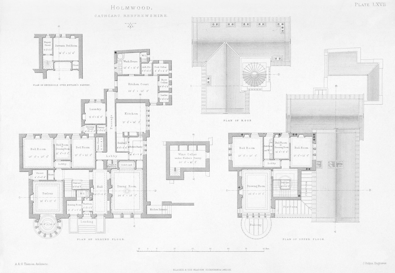 Ulko- ja sisänäkymä Holmwoodista, Glasgow (kaiverrus) tekijältä Scottish School