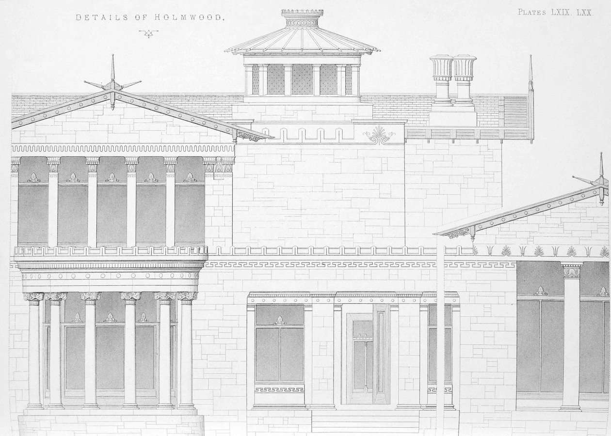 Yksityiskohtainen ulkokuva Holmwoodista, Glasgow (kaiverrus) tekijältä Scottish School