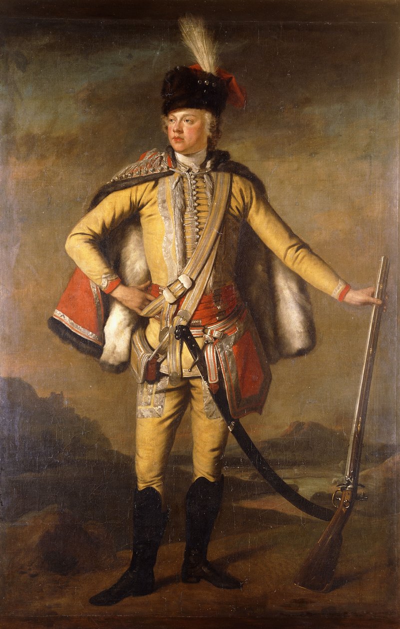 John Lindsayn, Crawfordin 20. jaarlin ja Lindsayn muotokuva, täyspitkä, husaari-univormussa pitelemässä Flintlock-muskettia, maisema takana, n. 1745 tekijältä Scottish School
