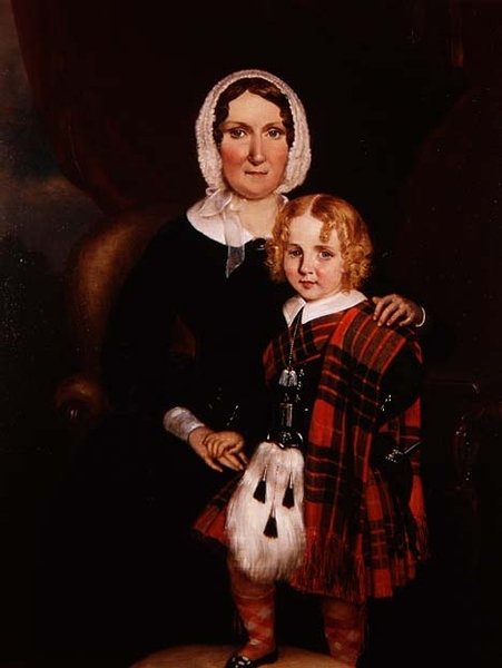 Muotokuva skotlantilaisnaisesta nuoren poikansa kanssa Highland-mekossa, n. 1860 (öljy kankaalle) tekijältä Scottish School