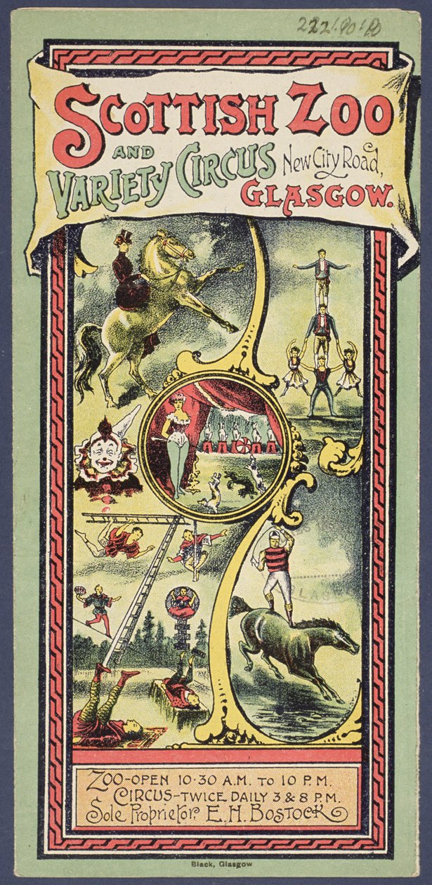 Skotlannin eläintarhan ja Variety Circuksen mainoslehtinen, n. 1890 tekijältä Scottish School