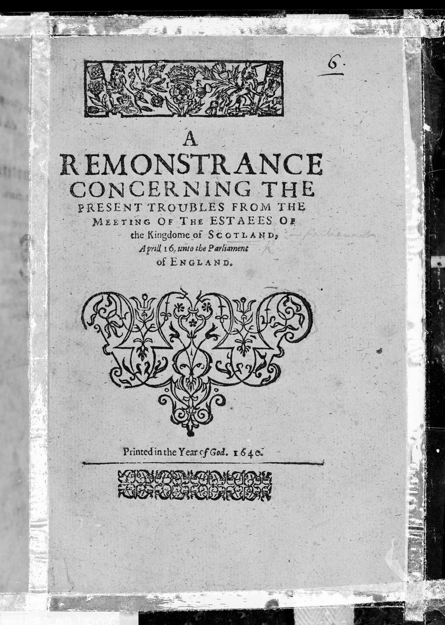 Skotlannin kuningaskunnan tilakokouksen tämänhetkisiä ongelmia koskeva huomautus, julkaistu 1640 (painettu paperi) tekijältä Scottish School