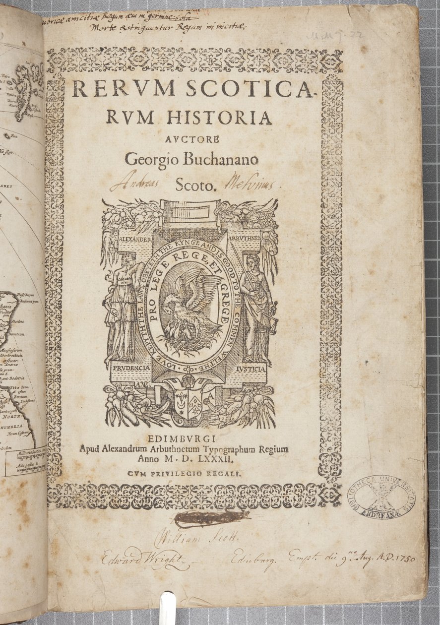 George Buchananin Historia Scoticarum -julkaisun otsikkosivu tekijältä Scottish School