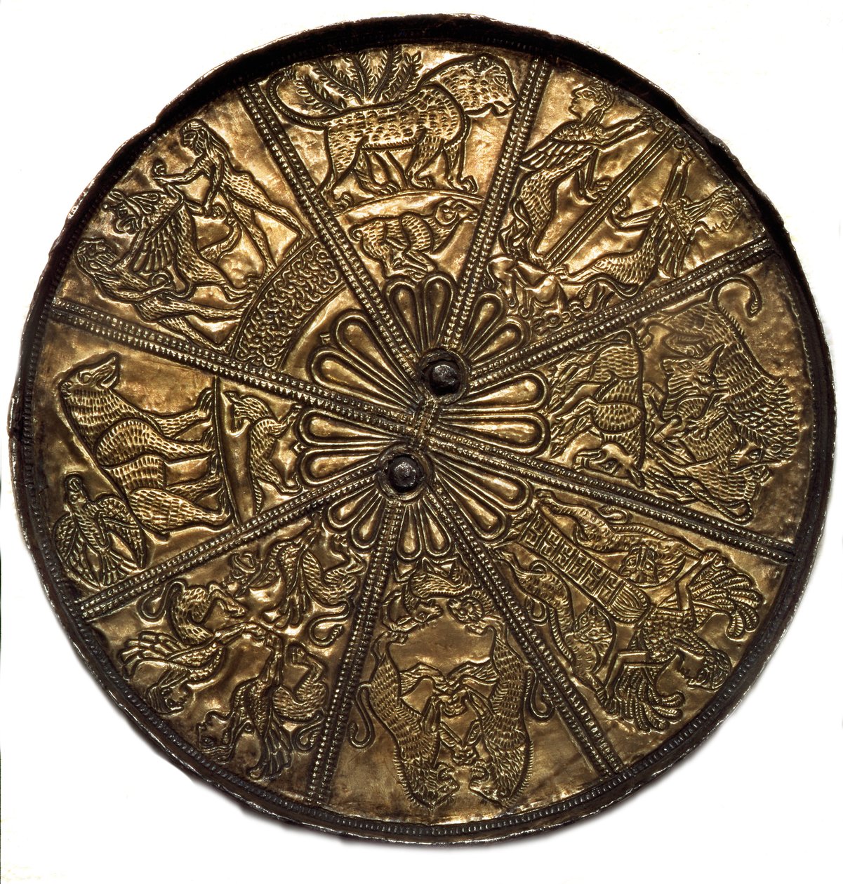 Skytialainen taide (Skythian tai Scythian sivilisaatio): kullalla päällystetty hopeapeili Kelermesin tumuluksesta nro 4 Krasnodarin alueelta Kubaniin Venäjällä (650-620), 7. vuosisadalla eKr. Pietari, Eremitaaši tekijältä Scythian