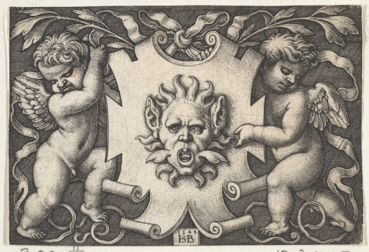 Maski escutcheonin tukena Two Genii, 1544. tekijältä Sebald Beham