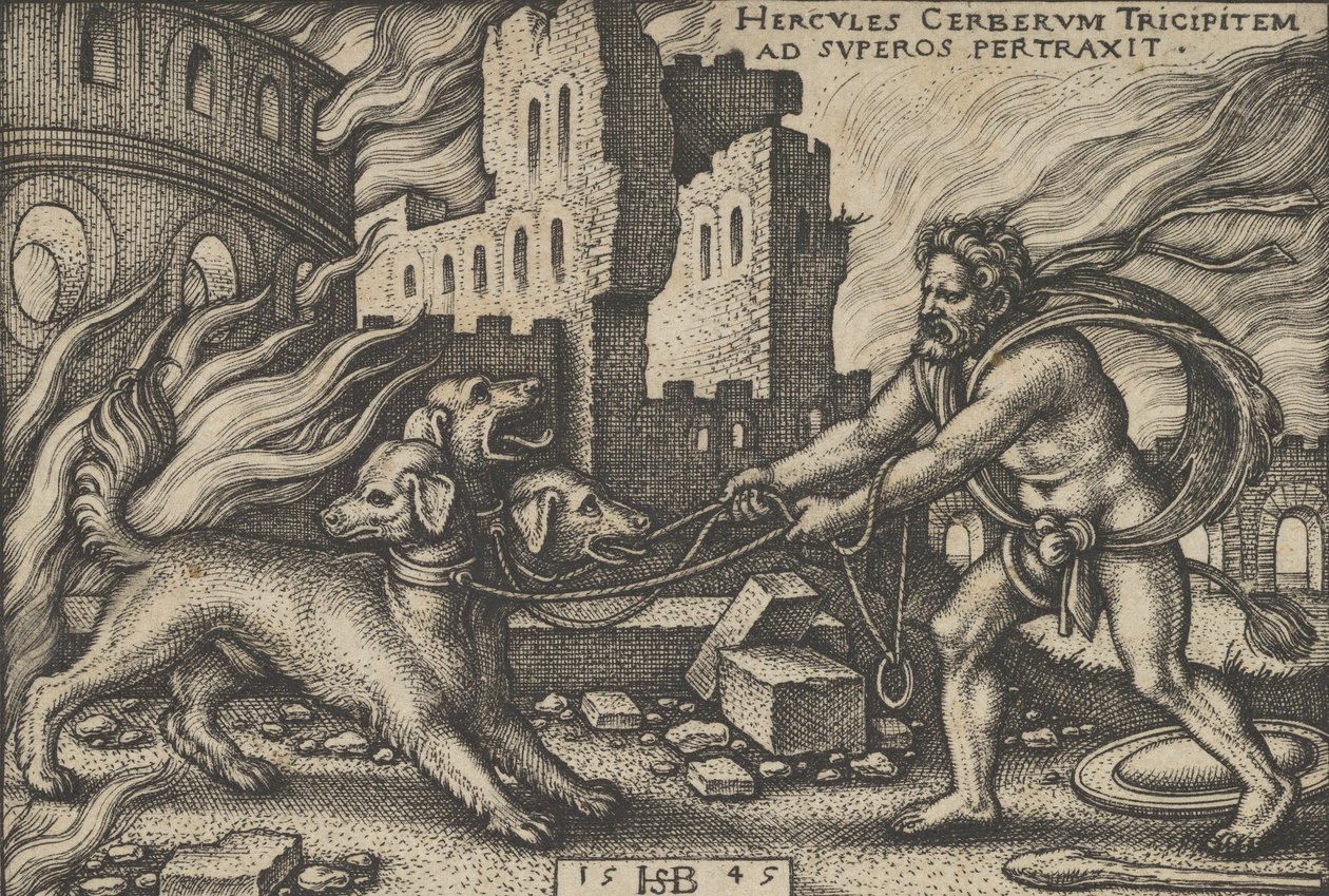 Hercules Capturing Cerberus, teoksesta The Labors of Hercules, 1545. tekijältä Sebald Beham