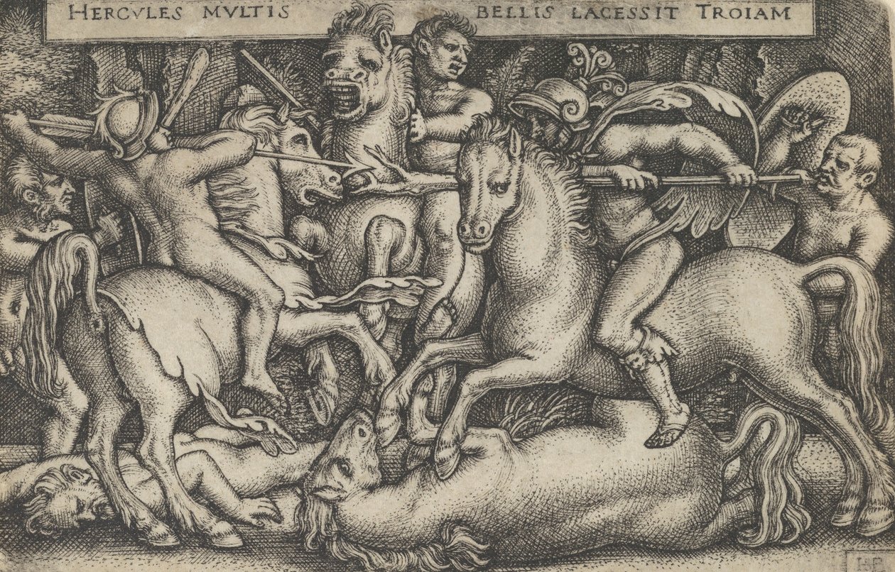 Hercules Fighting Against the Troijans, teoksesta The Labors of Hercules, 1545. tekijältä Sebald Beham