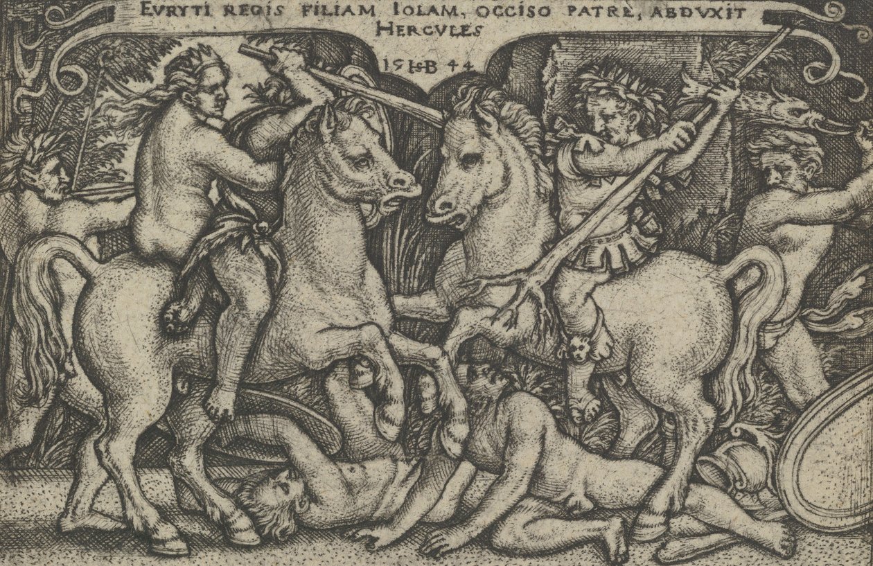 Hercules sieppaa Iolen, teoksesta The Labors of Hercules, 1544. tekijältä Sebald Beham