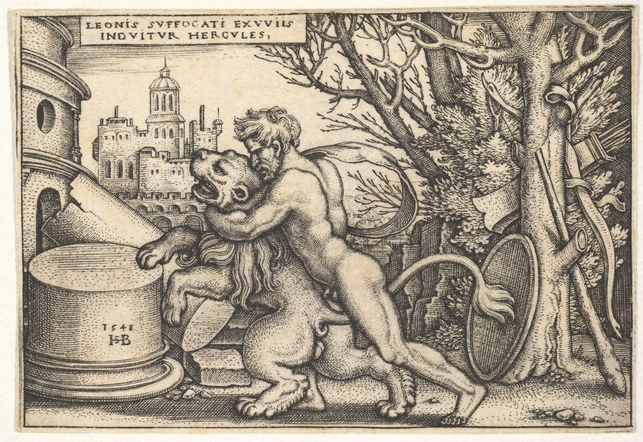 Herkules, profiilissa tappamassa Nemean leijonan käsivarsi sen kaulassa, teoksesta The labo..., 1548. tekijältä Sebald Beham