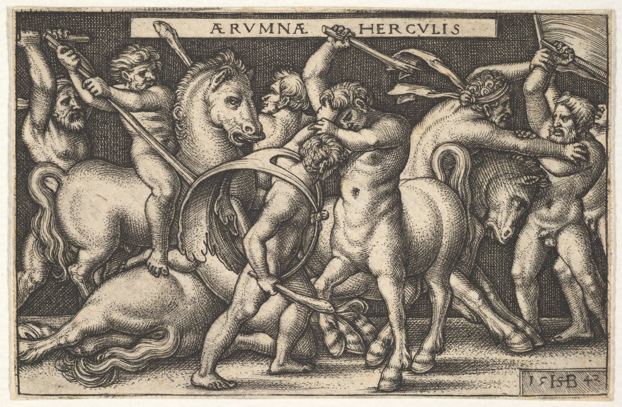 Hercules mailansa kanssa keskellä taistelee kentauria vastaan, muut miehet taistelevat kentaureja vastaan vasemmalle..., 1542. tekijältä Sebald Beham