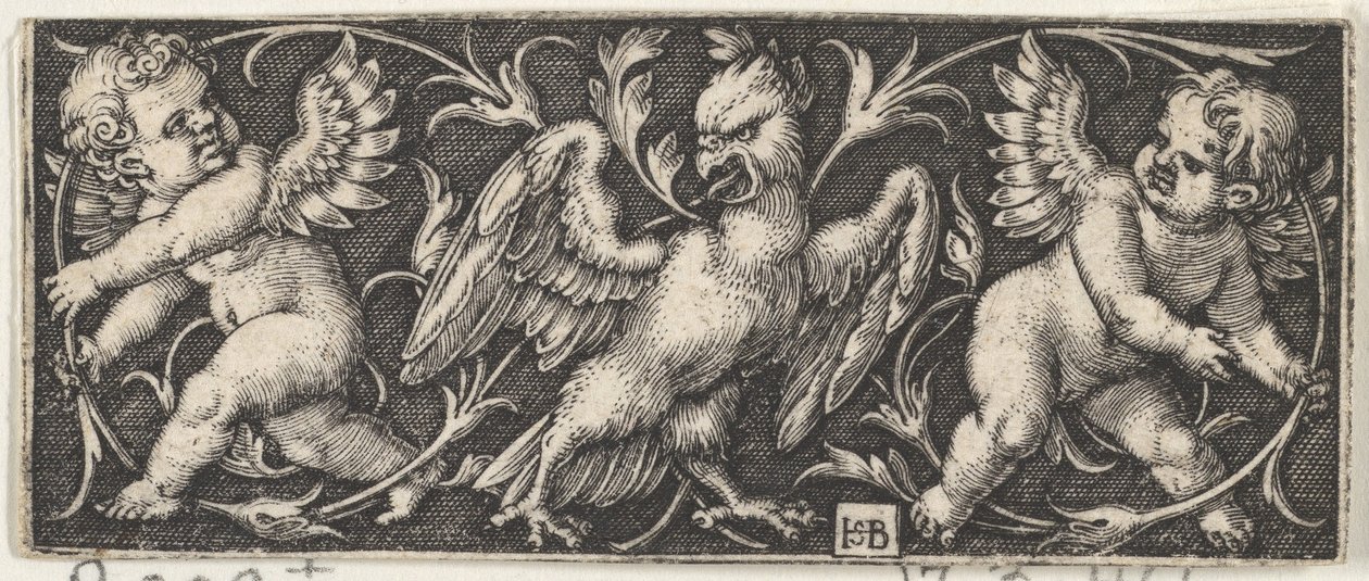 Vaakapaneeli, jossa kotka reunustaa Two Genii, 1544. tekijältä Sebald Beham