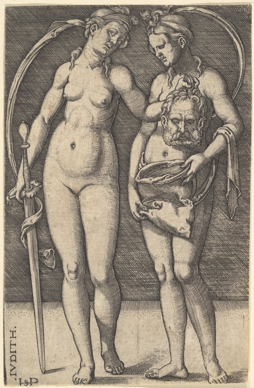 Judith seisoo oikealla ja pitää Holofernesin päätä oikeassa kädessään ja..., n. 1520-30. tekijältä Sebald Beham